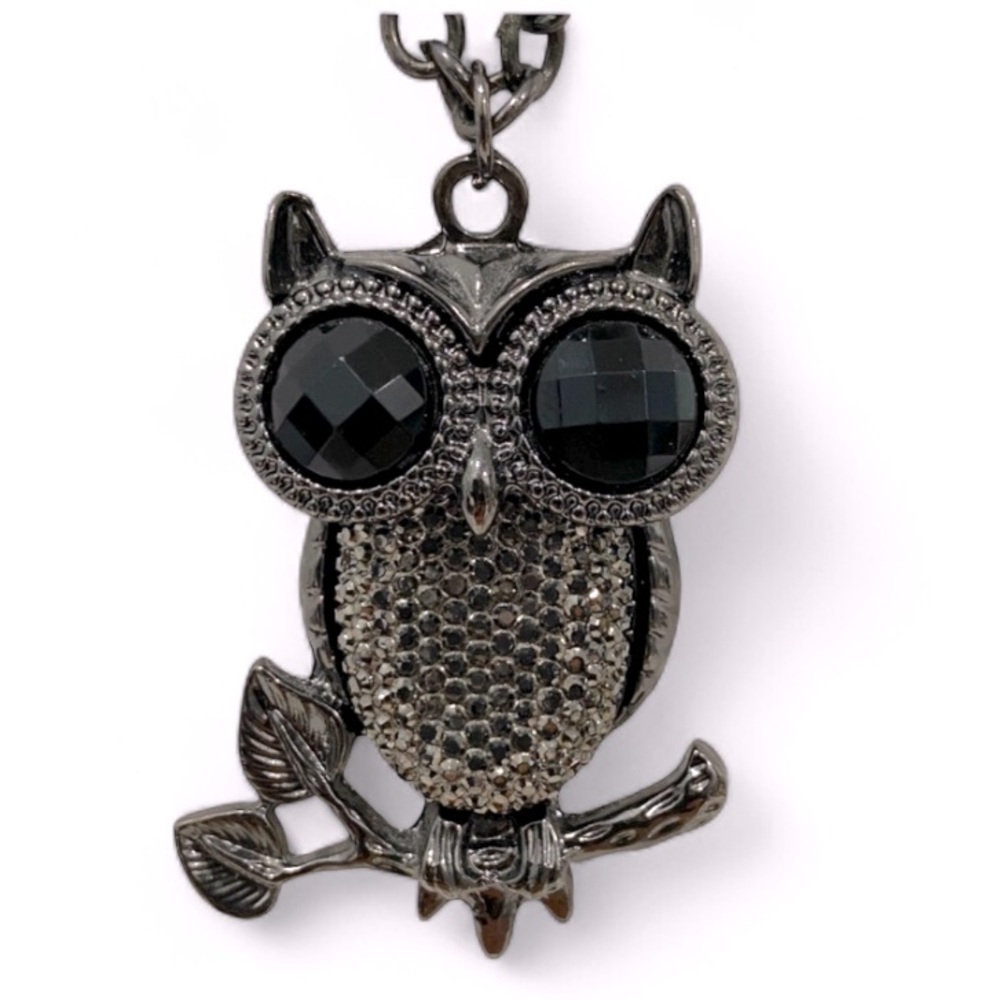 Elegant Black Owl Pendant Necklace With Tiny Rhinestone Detail Gunmetal